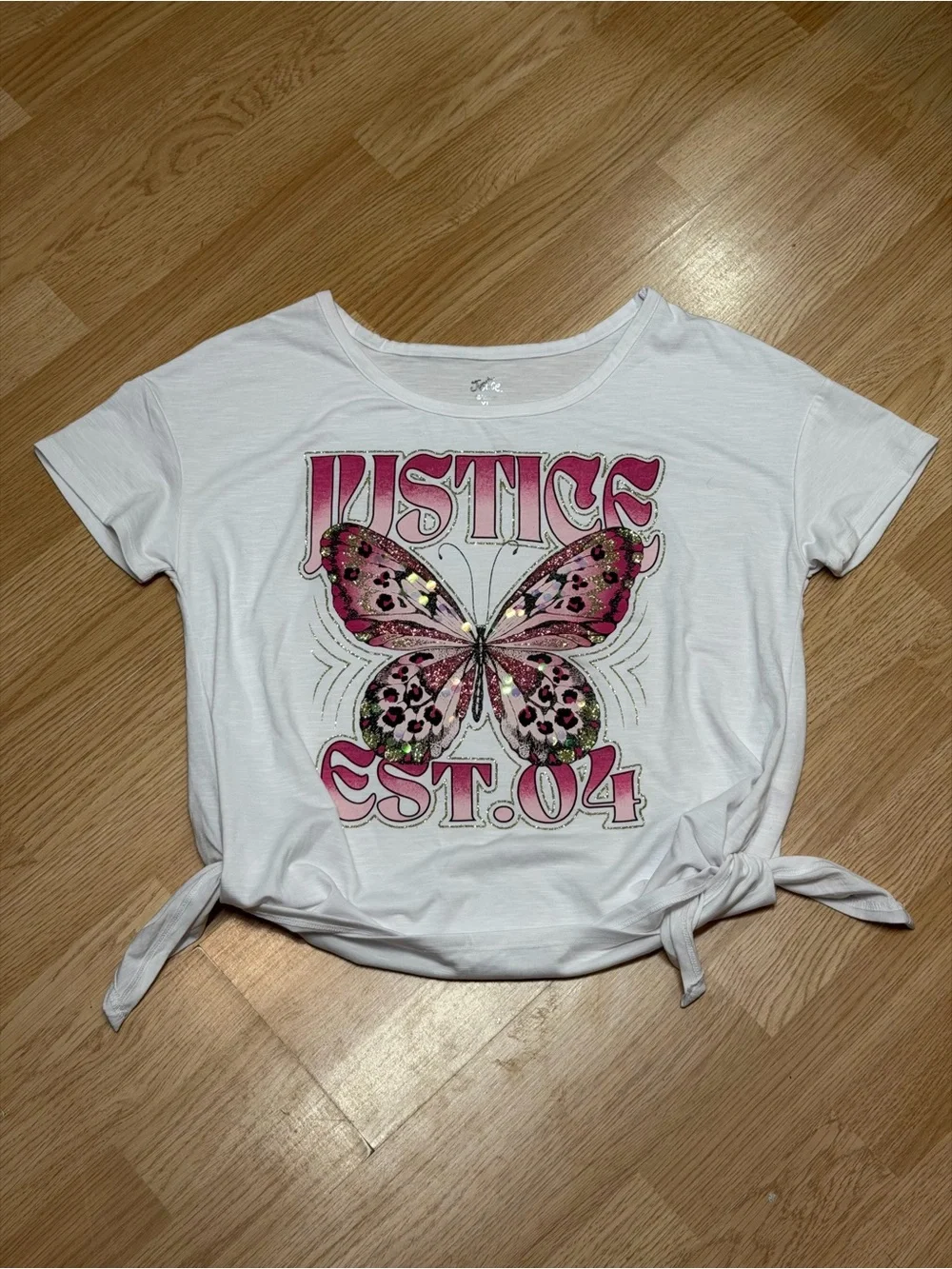 Justice Girls XL 16 18 Butterfly Leopard Sequin Graphic Side Tie Top Y2K